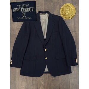 Vintage Nino Cerruti Navy Blue Men Blazer Sport Coat Jacket Gold Button Size 42R